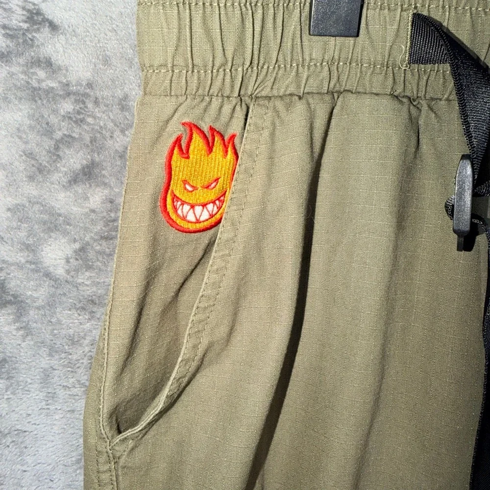 Spitfire Mens Cargo Pants Size M Olive Green Bighead Logo Skate Belted Cotton - Picture 5 of 7